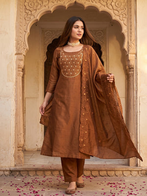 Beautiful Brown Art Silk Unstitched Suit Material Decorated with Fine Floral Embroidery Work - Image 1
