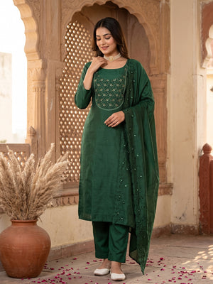 Beautiful Green Art Silk Unstitched Suit Material Decorated with Fine Floral Embroidery Work - Image 1