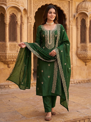 Elegant Green Zari Embroidery & Sequins Embellished Vichitra Silk Dress Material - Image 1