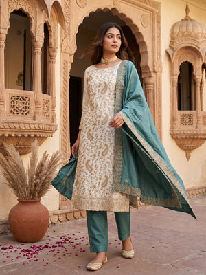 Cream & Teal Lustrous Vichitra Silk Dress Material Accented with Artistic Thread Embroidery - Image 1