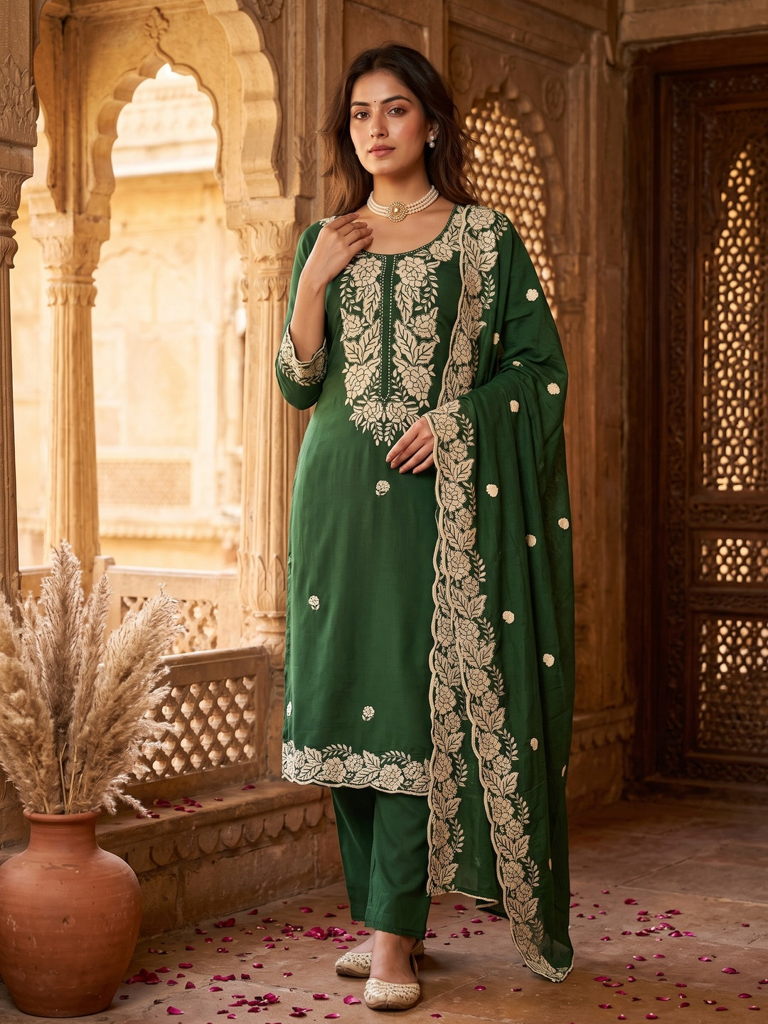 Bottle Green Rich Viscose Dress Material Highlighted with Refined Floral Thread Embroidery - Image 1