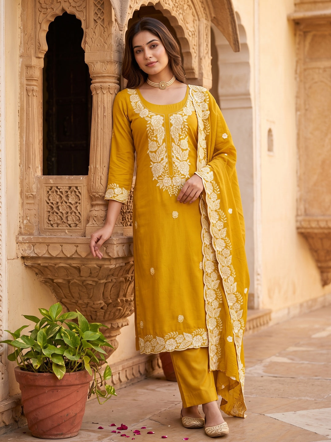 Mustard Rich Viscose Dress Material Highlighted with Refined Floral Thread Embroidery - Image 1