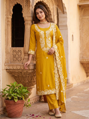 Mustard Rich Viscose Dress Material Highlighted with Refined Floral Thread Embroidery - Image 1