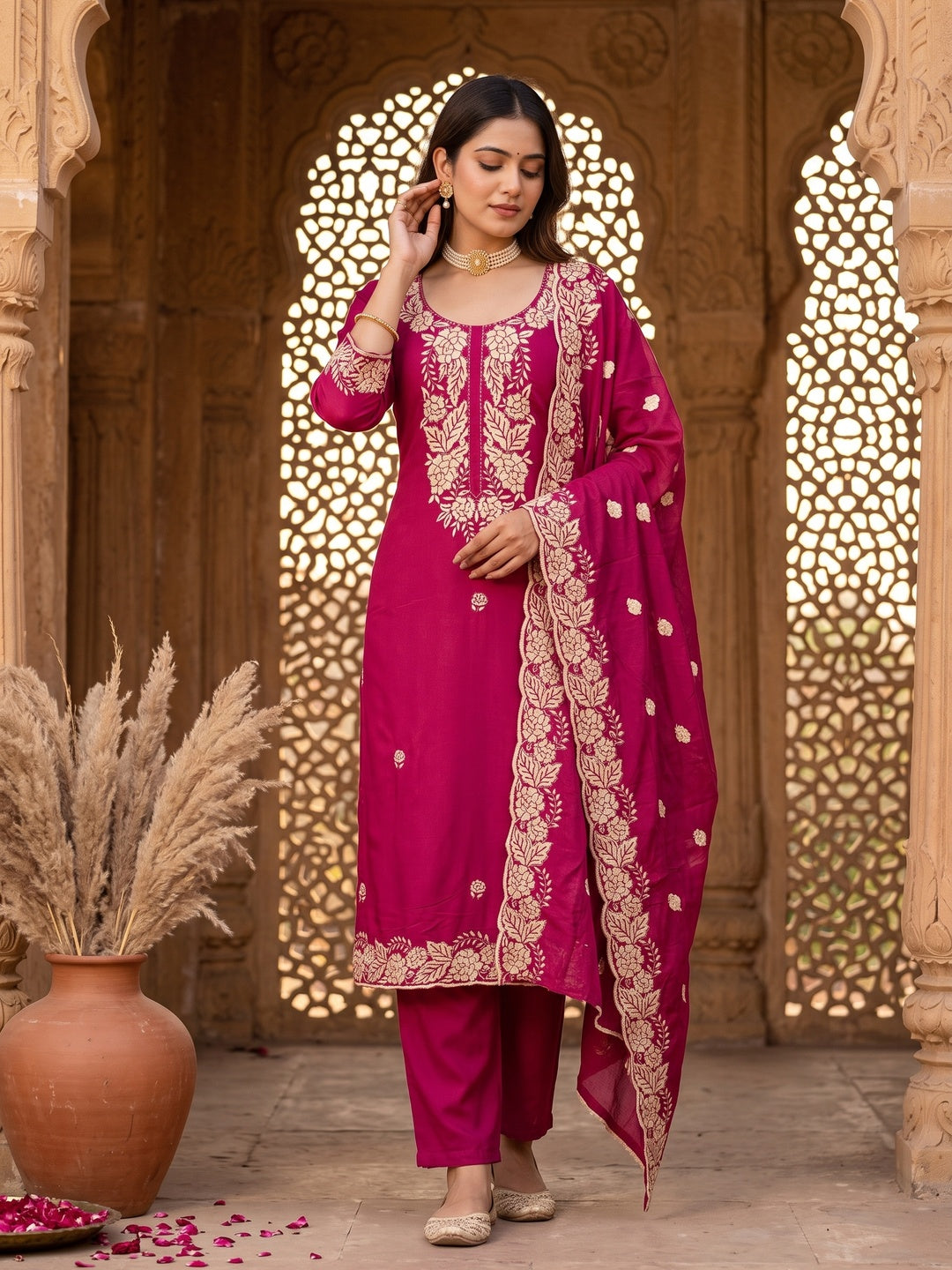 Pink Rich Viscose Dress Material Highlighted with Refined Floral Thread Embroidery - Image 1