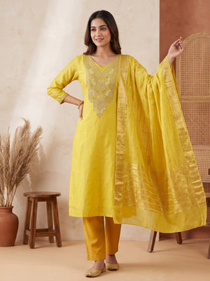 Lemon Yellow Weaving Chanderi Silk Dress Material Adorned With Cording Embroidery & Sequins Work - Image 1