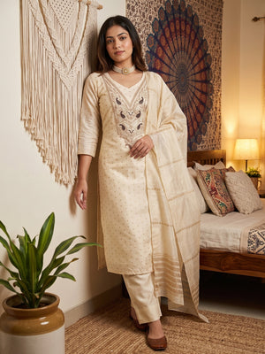 Cream Weaving Chanderi Silk Dress Material Adorned With Cording Embroidery & Sequins Work - Image 1