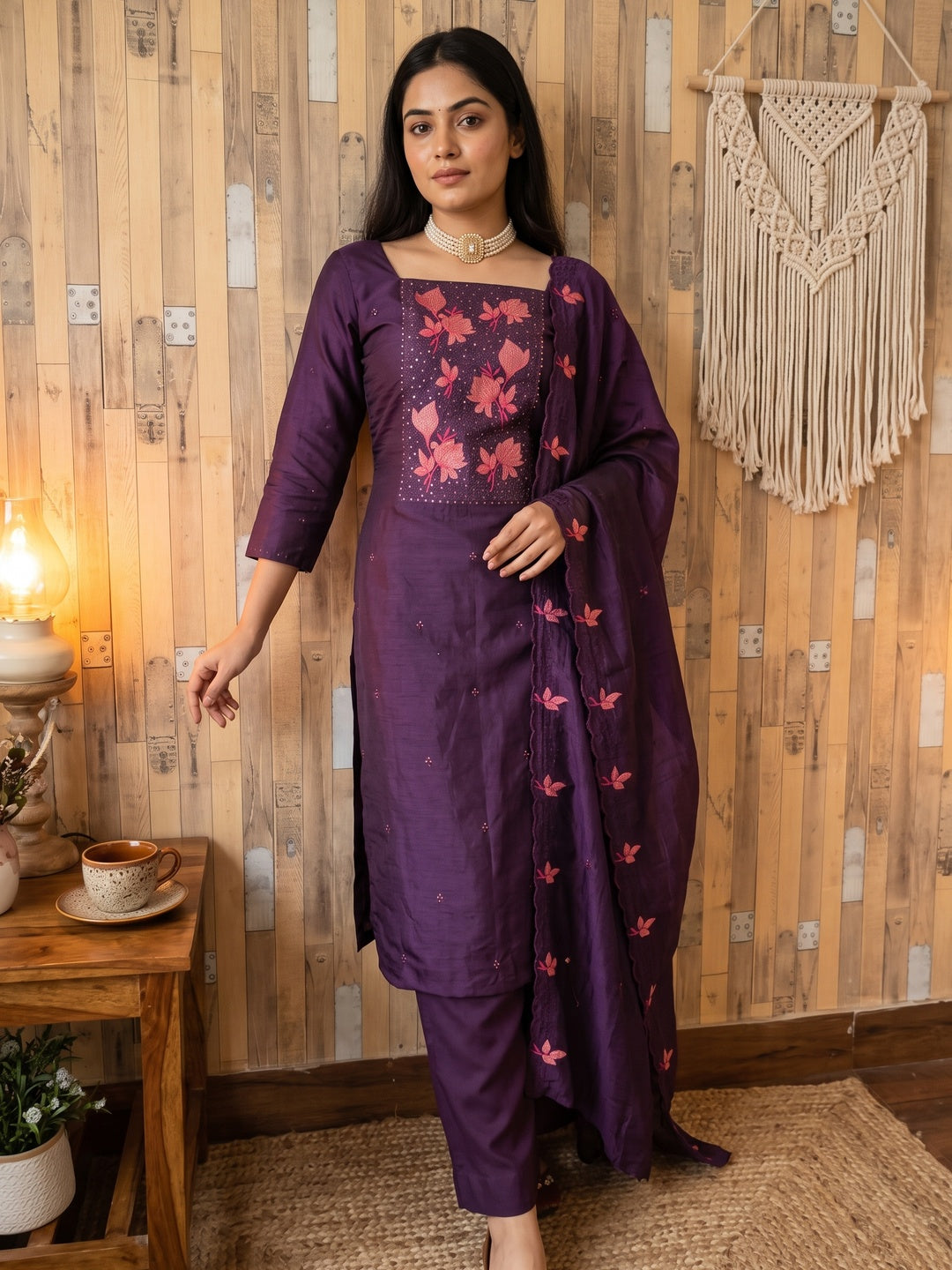 Purple Floral Embroidered Vichitra Silk Dress Material for Elegant Ethnic Styling - Image 1