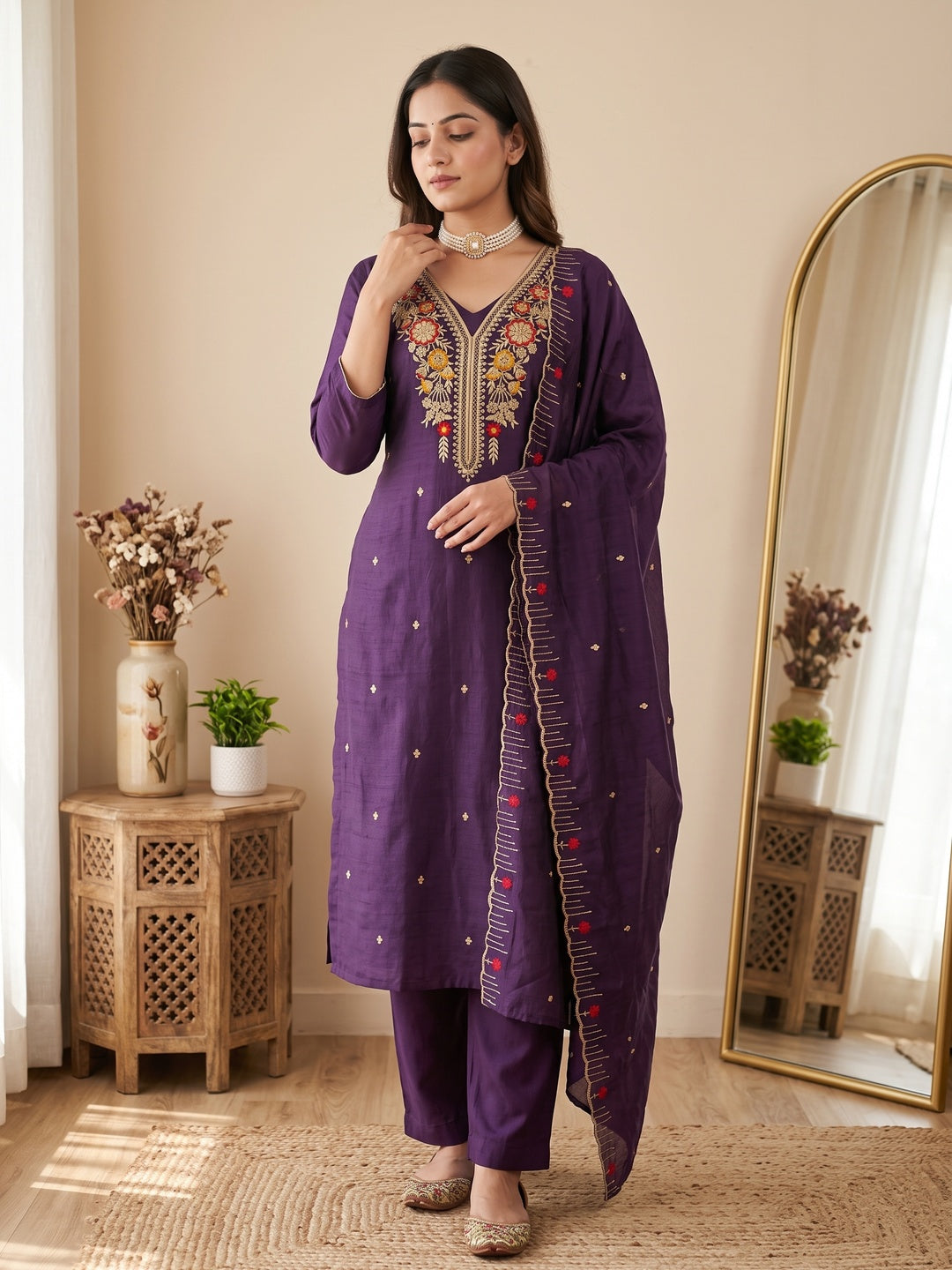 Purple Premium Vichitra Silk Dress Material Featuring Delicate Floral Embroidered Detailing - Image 1