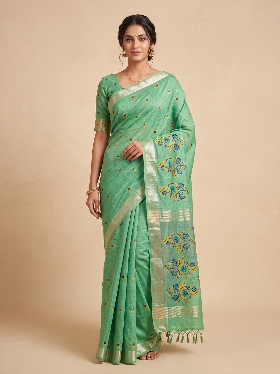 Peachmode Green Cotton Blend Jamdani Woven Saree - Image 1