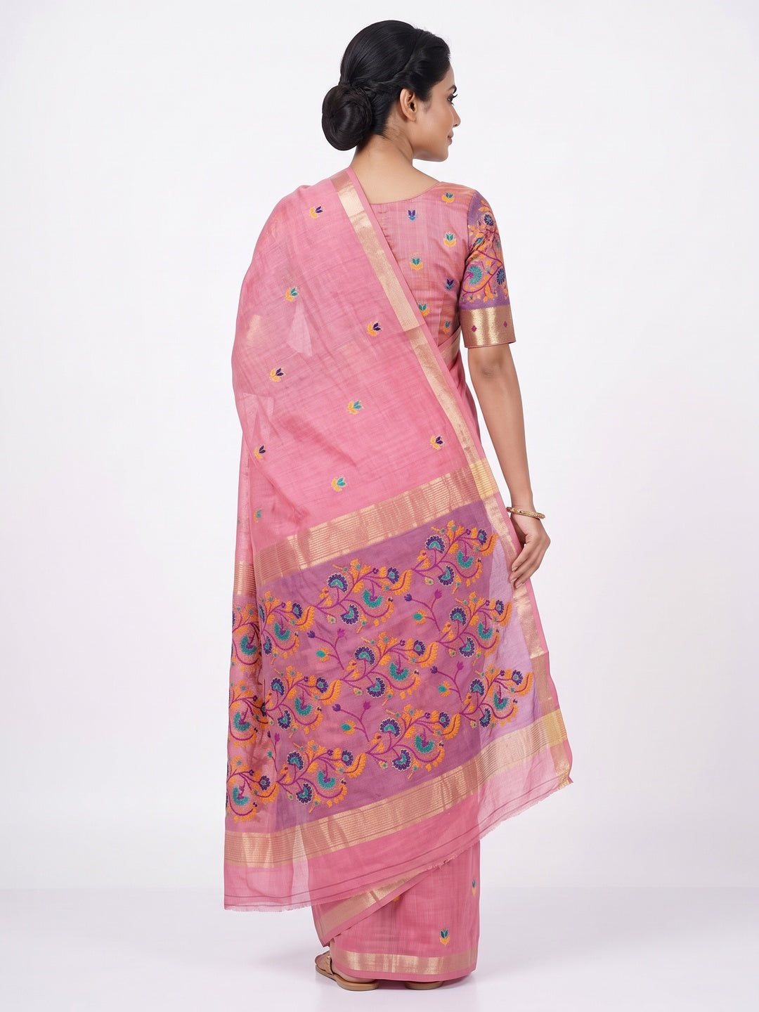 Peachmode Pink Cotton Blend Jamdani Woven Saree - Image 3