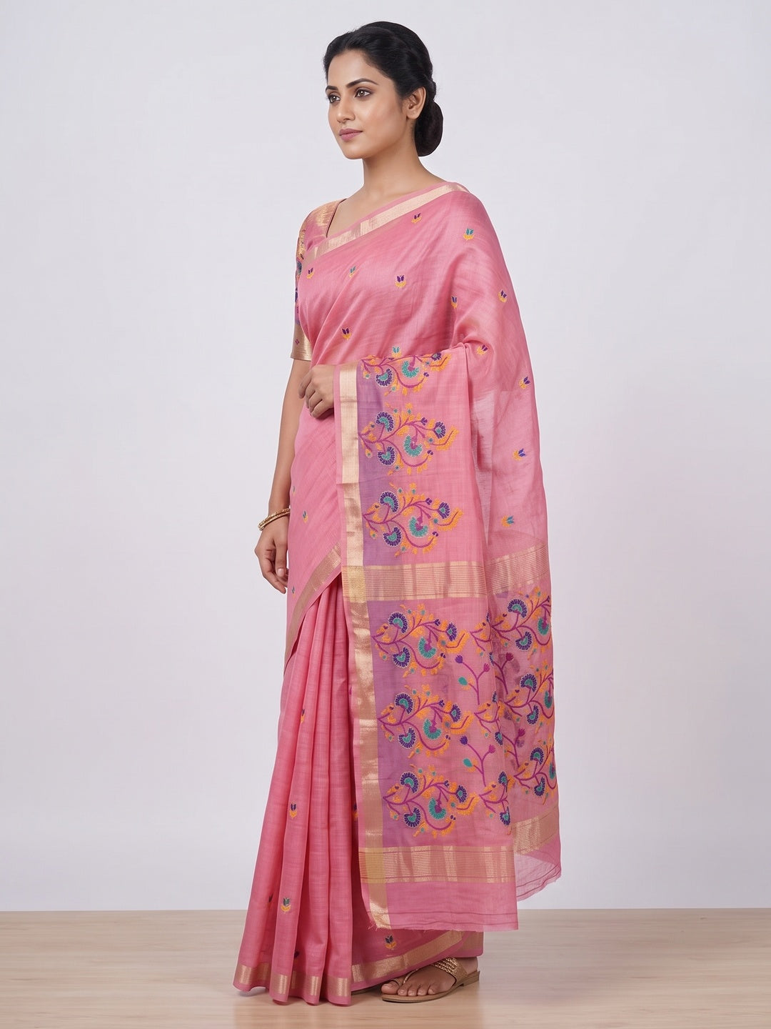 Peachmode Pink Cotton Blend Jamdani Woven Saree - Image 4