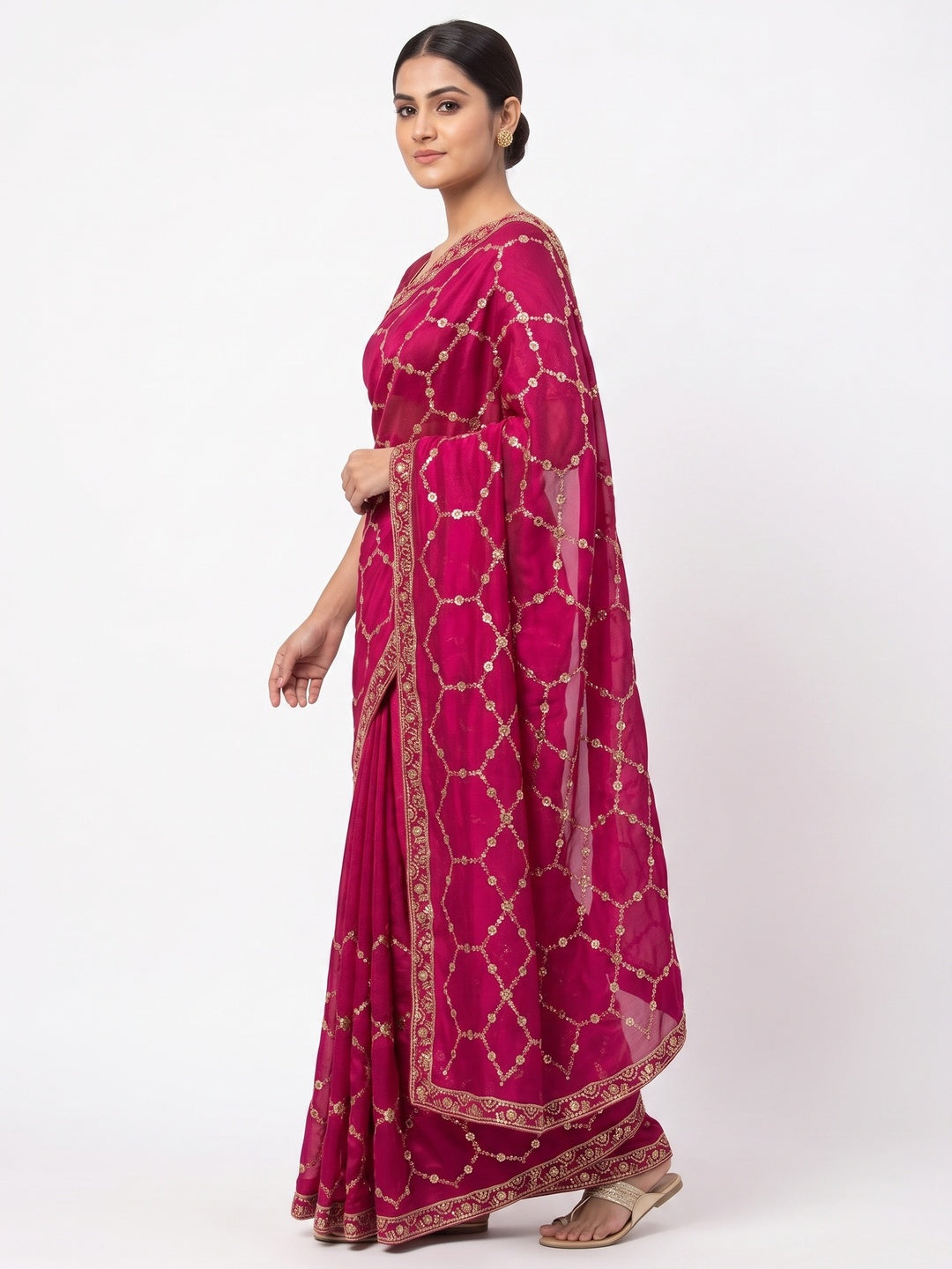 Peachmode Rani Pink Fendy Satin Sequins Embellished Saree - Image 4