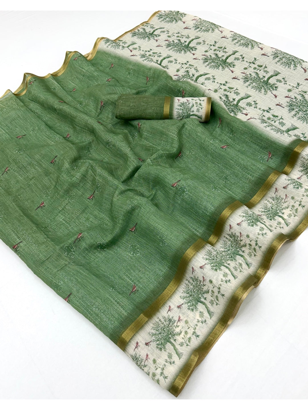 Peachmode Green Floral Printed Linen Blend Saree - Image 2