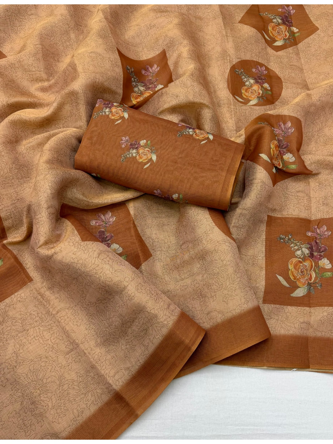 Peachmode Camel Beige Medallion Printed Art Silk Saree - Image 2