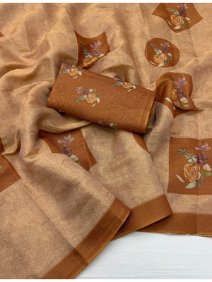 Peachmode Camel Beige Medallion Printed Art Silk Saree - Image 2