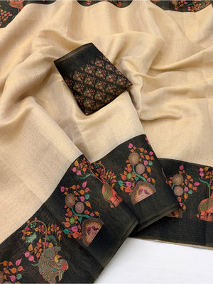 Peachmode Chikoo Black Border Printed Art Silk Saree - Image 2