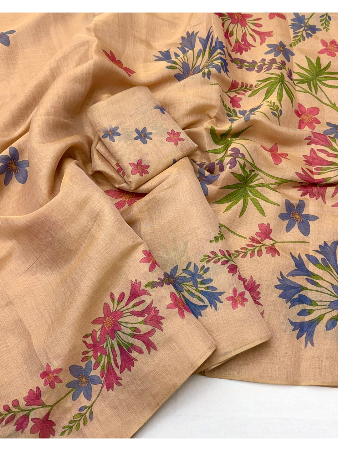 Peachmode Chikoo Multicolor Floral Printed Art Silk Saree - Image 2