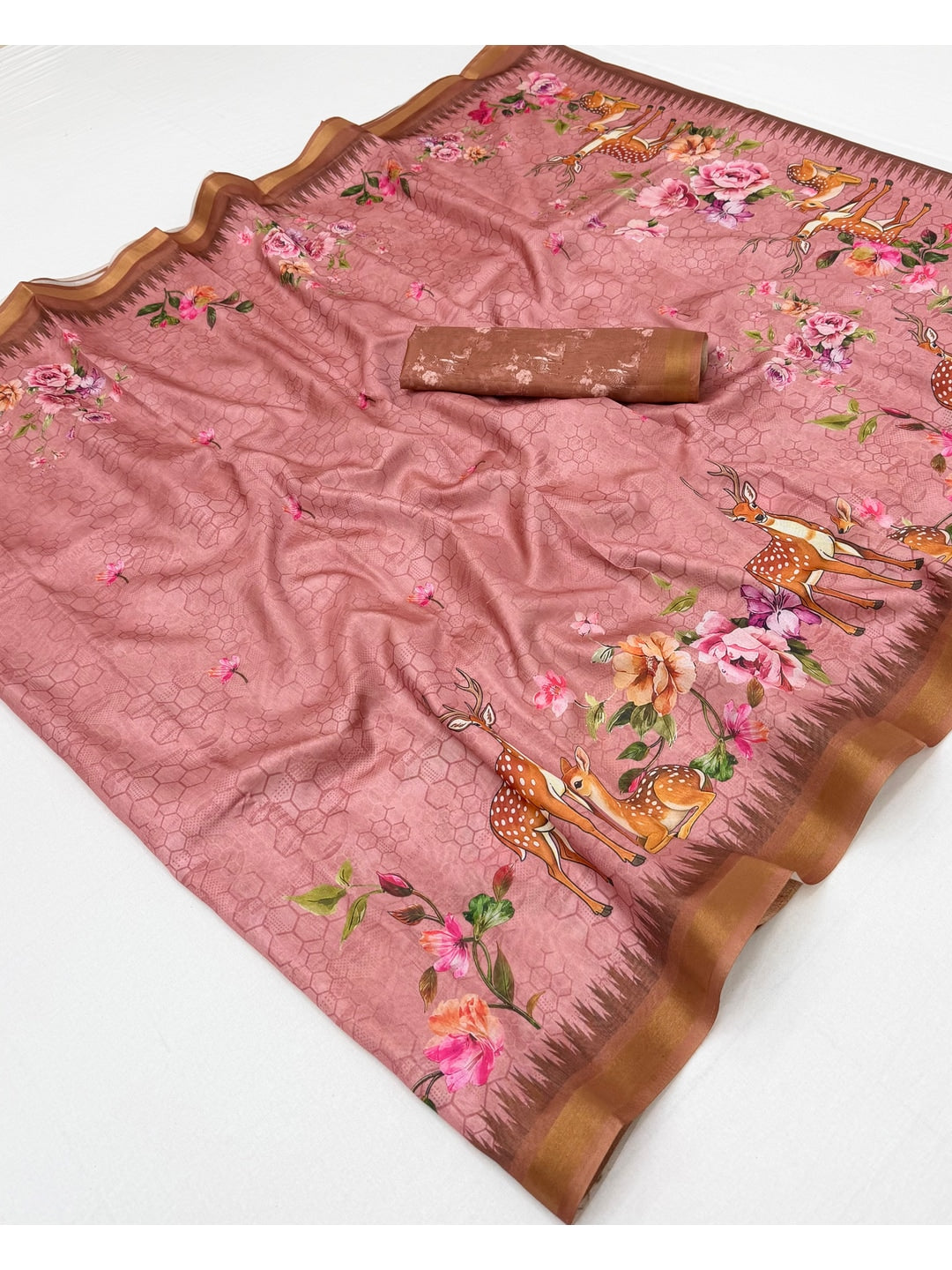 Peachmode Pink Deer Floral Printed Dola Silk Saree - Image 2