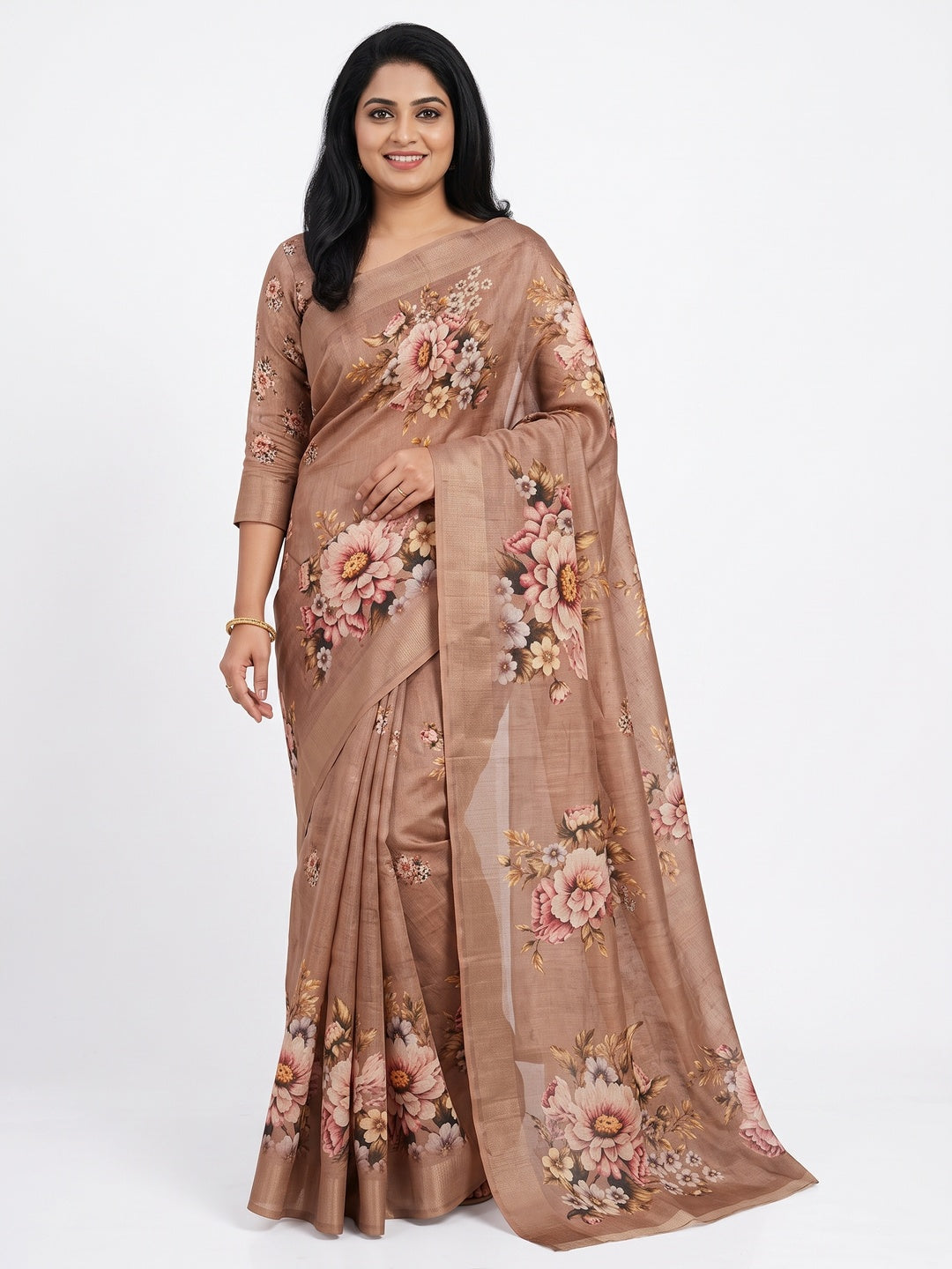 Peachmode Chikoo Floral Bouquet Printed Art Silk Saree - Image 1