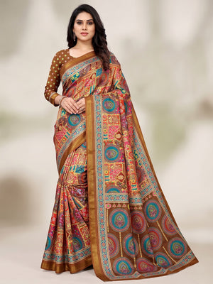 Peachmode Brown Position Printed Dola Silk Saree - Image 1