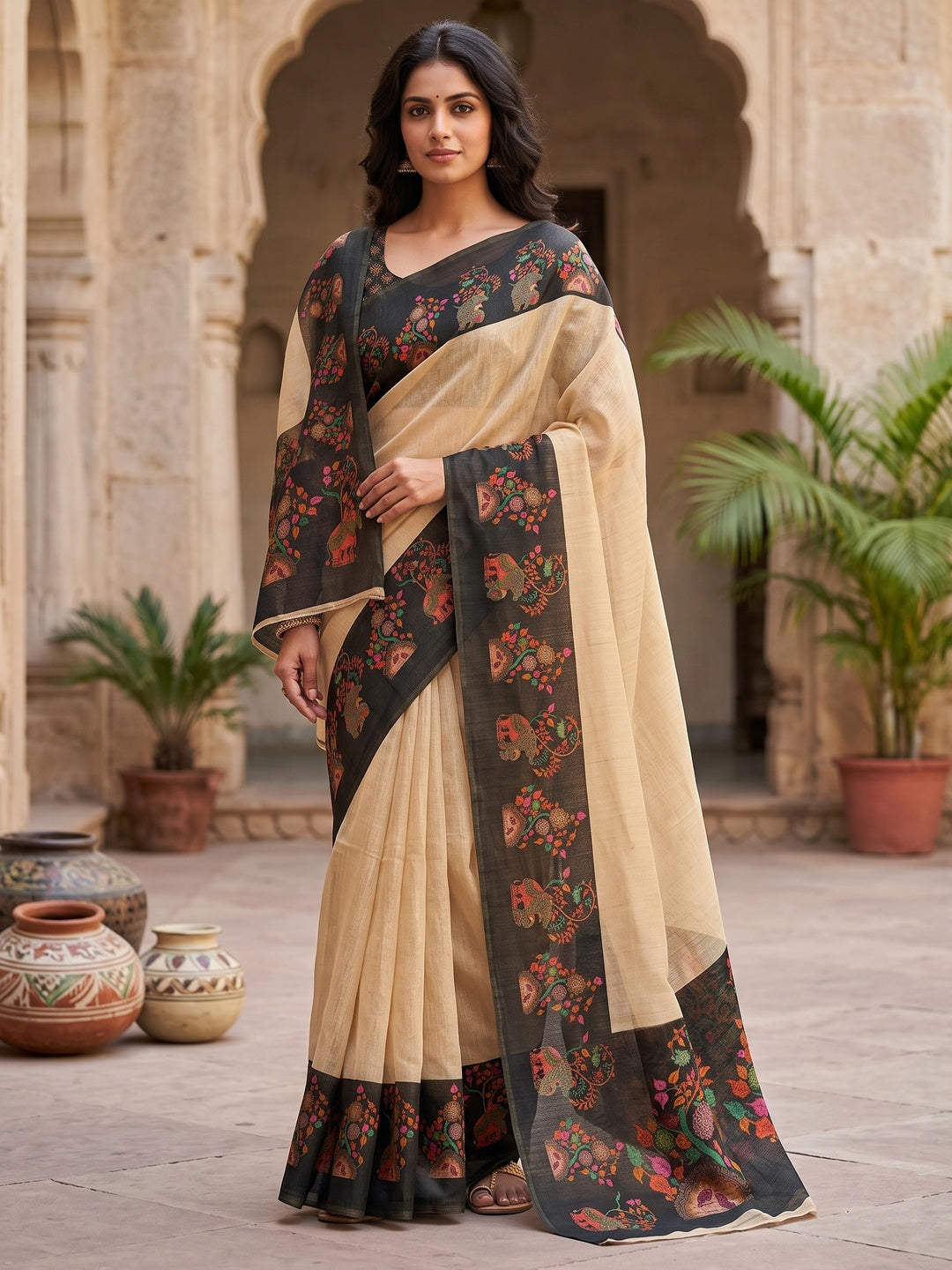 Peachmode Chikoo Black Border Printed Art Silk Saree - Image 1
