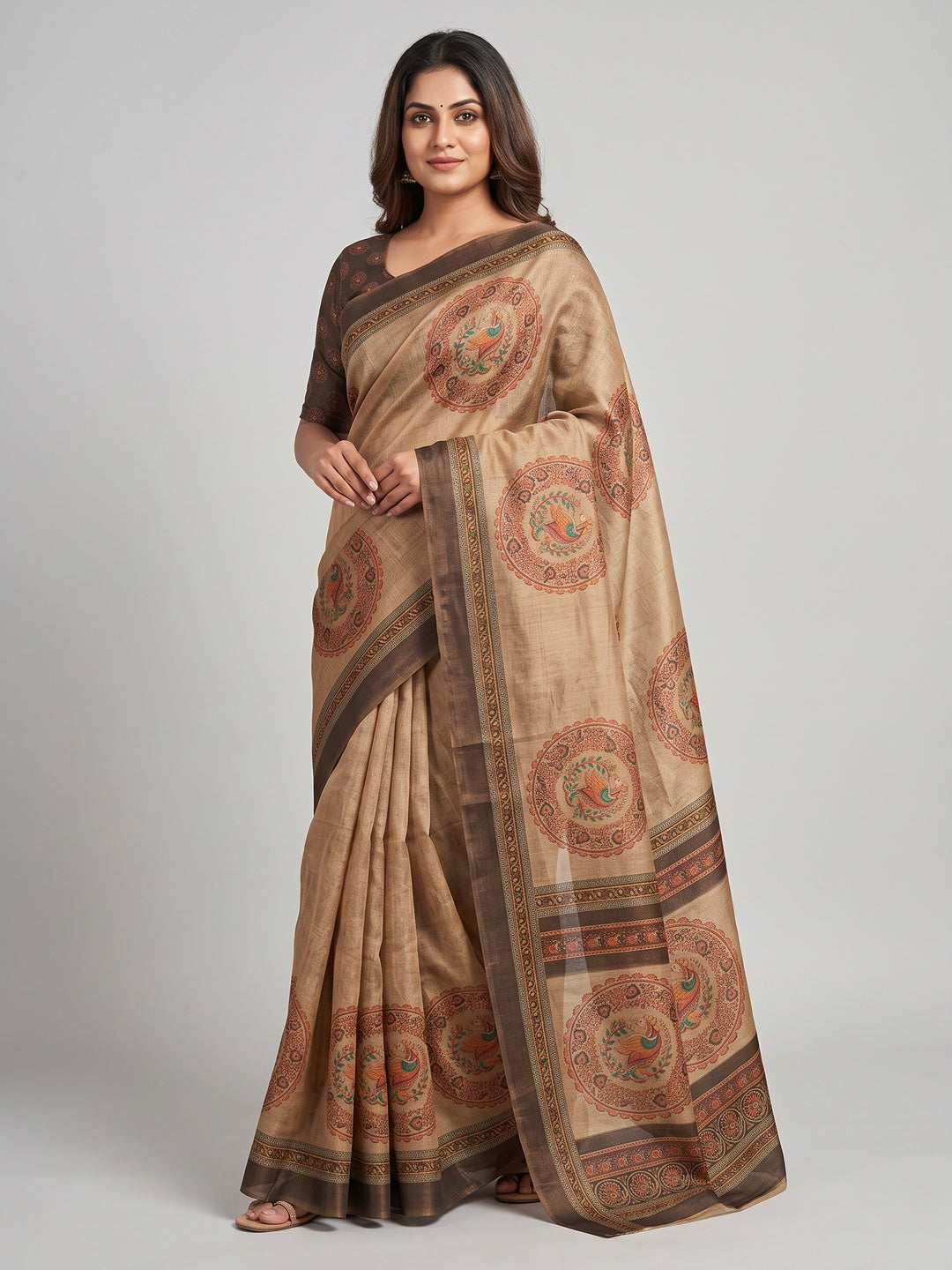 Peachmode Chikoo Paisley Medallion Printed Art Silk Saree - Image 1