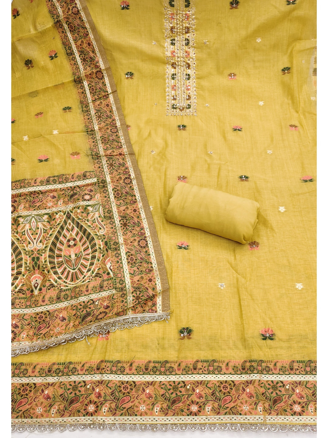 Peachmode Pure Banarasi Cotton Yellow Unstitched Dress Material - Image 2