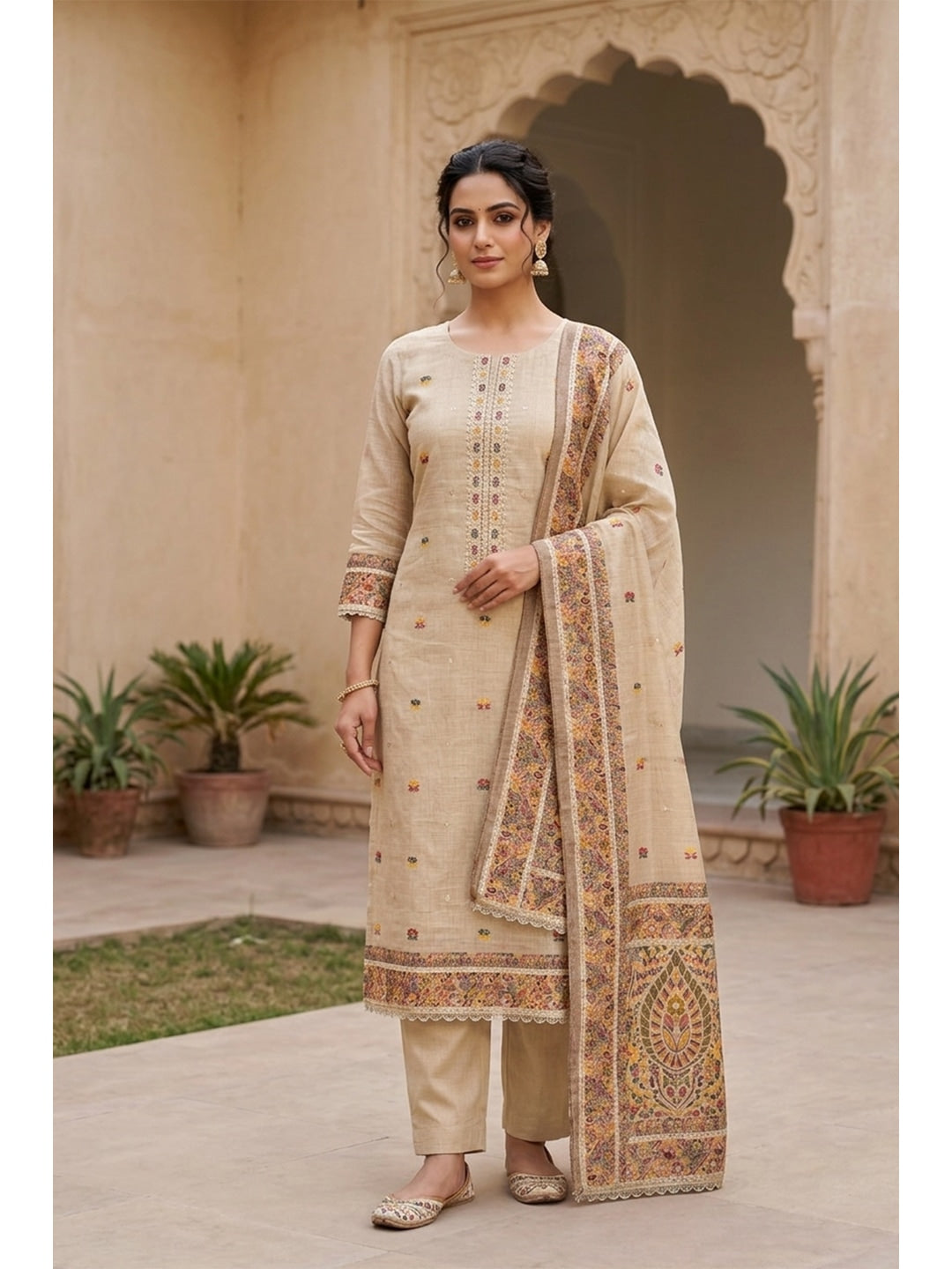 Peachmode Pure Banarasi Cotton Chikoo Unstitched Dress Material - Image 1