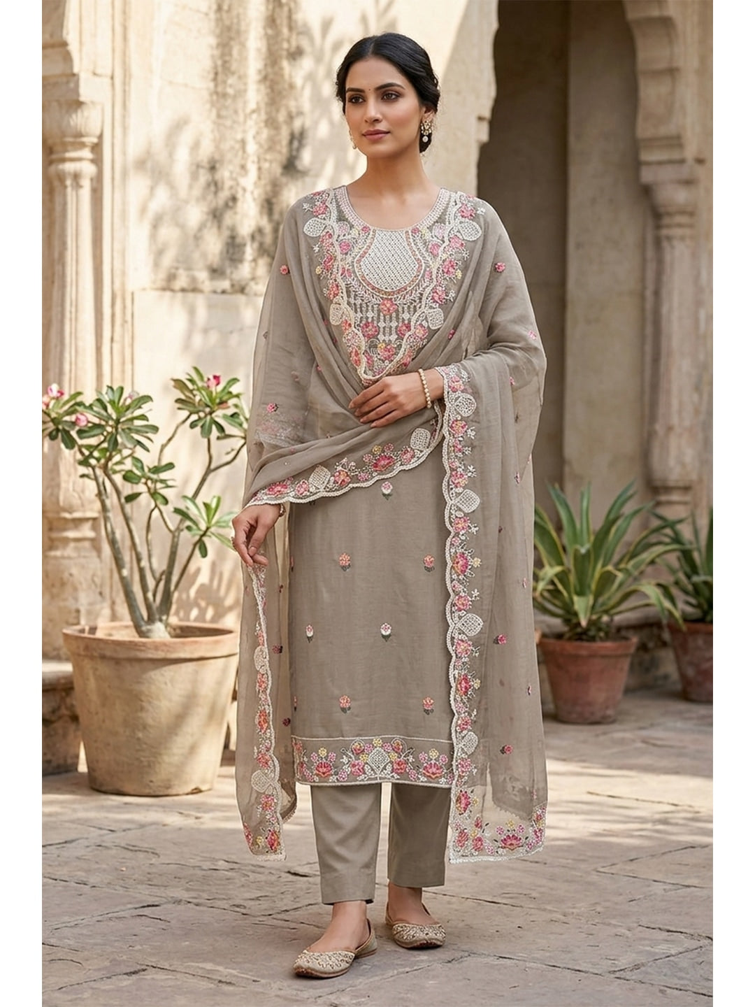 Peachmode Cotton Silk Grey Unstitched Dress Material - Image 1
