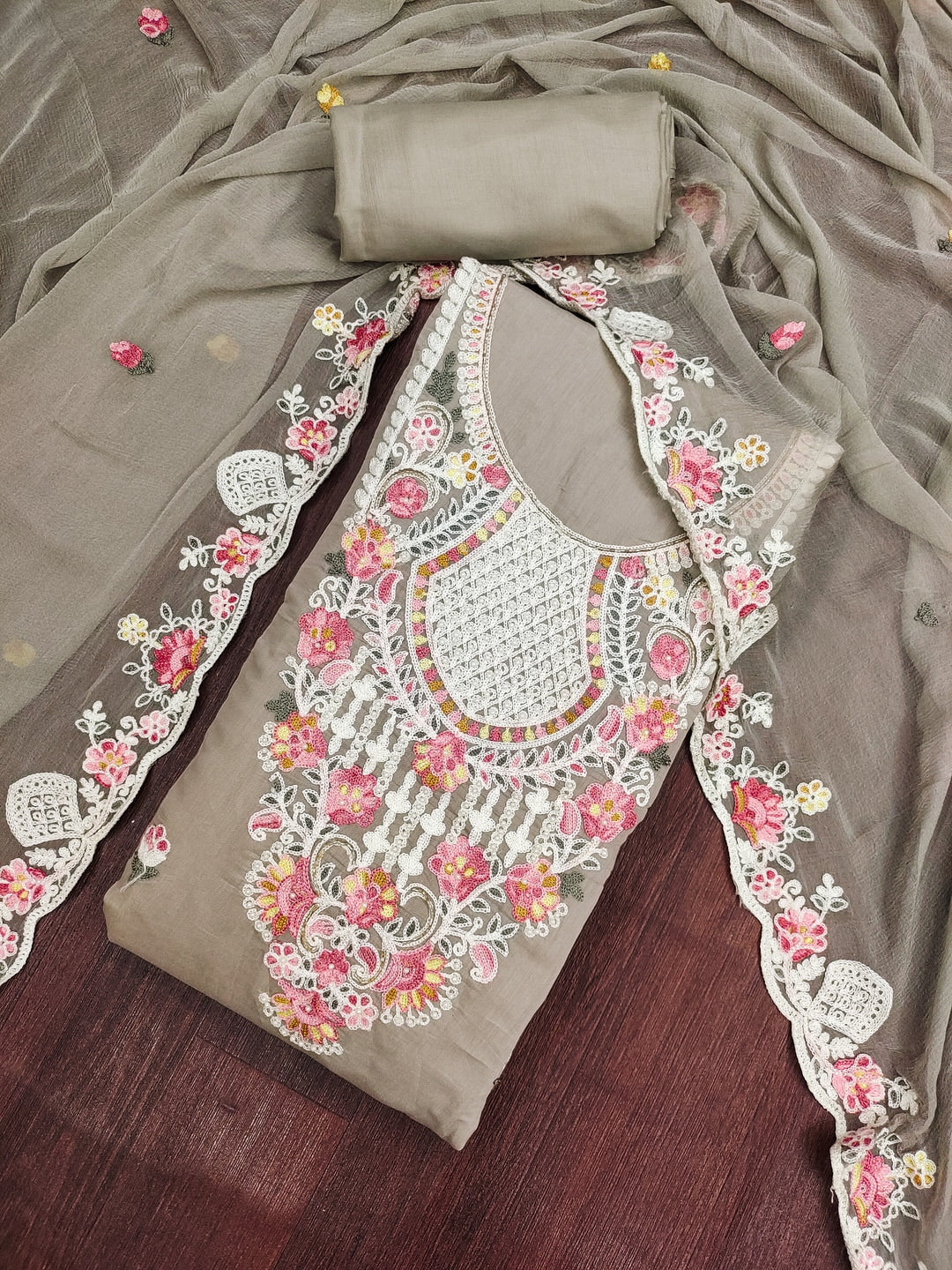 Peachmode Cotton Silk Grey Unstitched Dress Material - Image 3