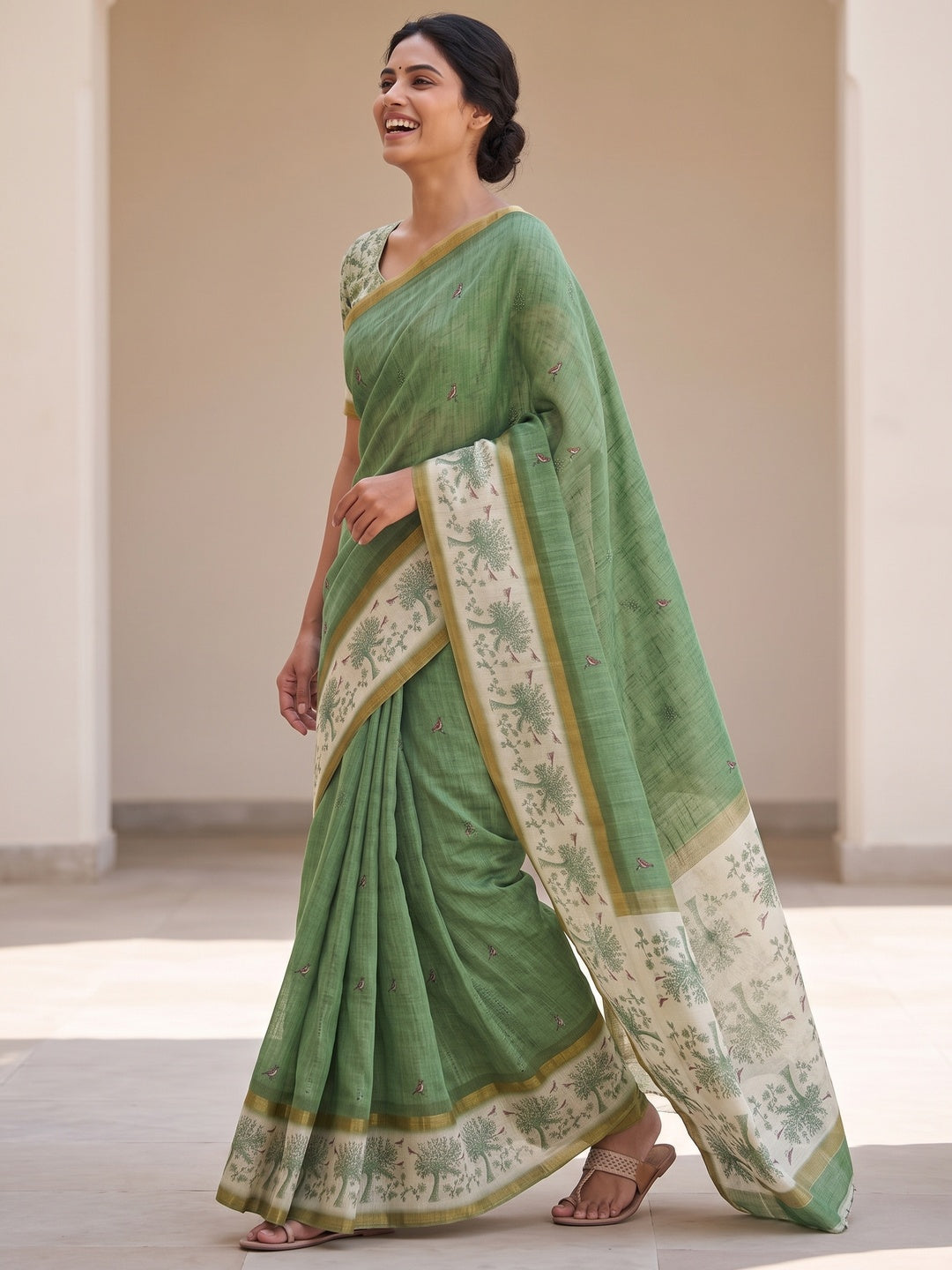 Peachmode Green Floral Printed Linen Blend Saree - Image 4