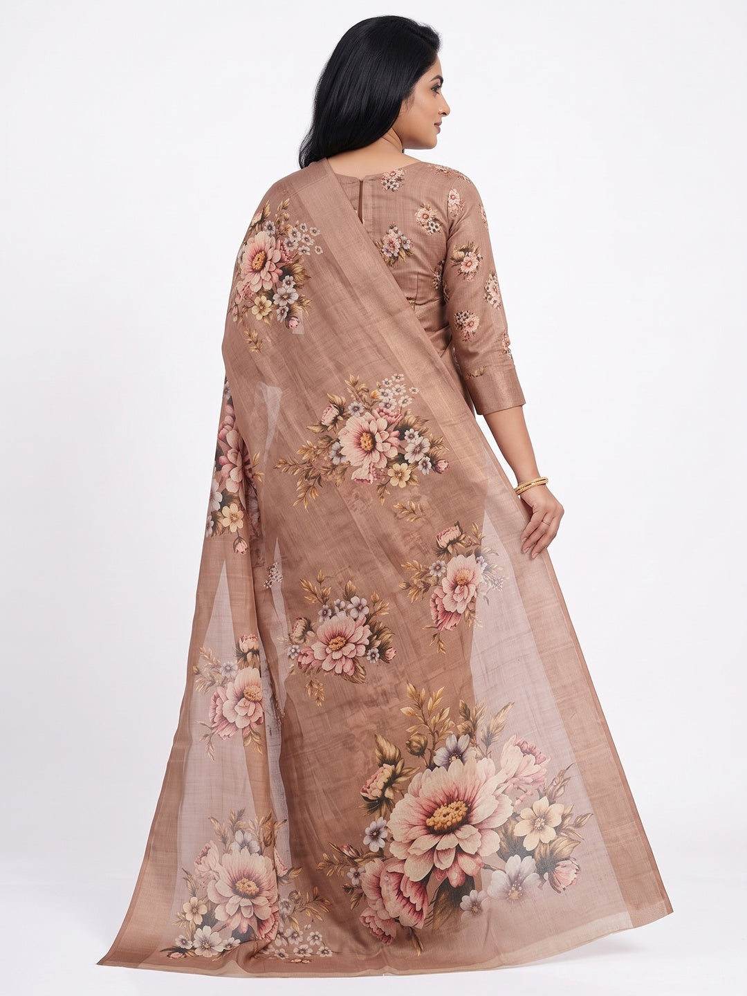 Peachmode Chikoo Floral Bouquet Printed Art Silk Saree - Image 3