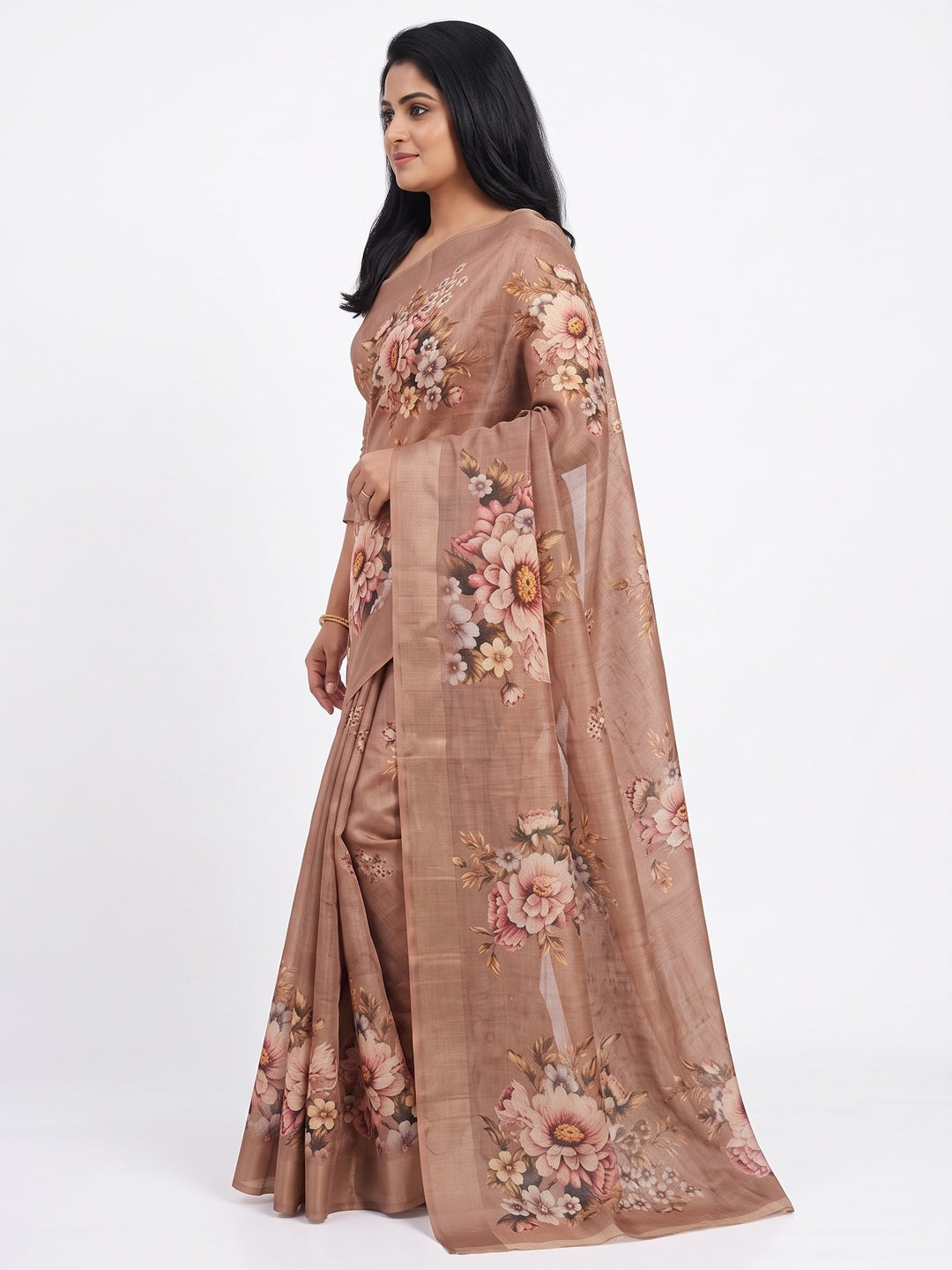 Peachmode Chikoo Floral Bouquet Printed Art Silk Saree - Image 4
