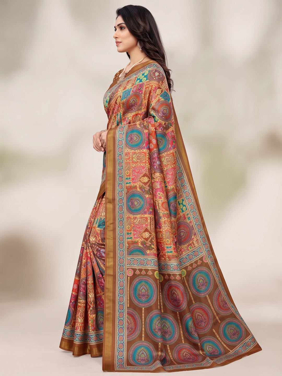 Peachmode Brown Position Printed Dola Silk Saree - Image 4