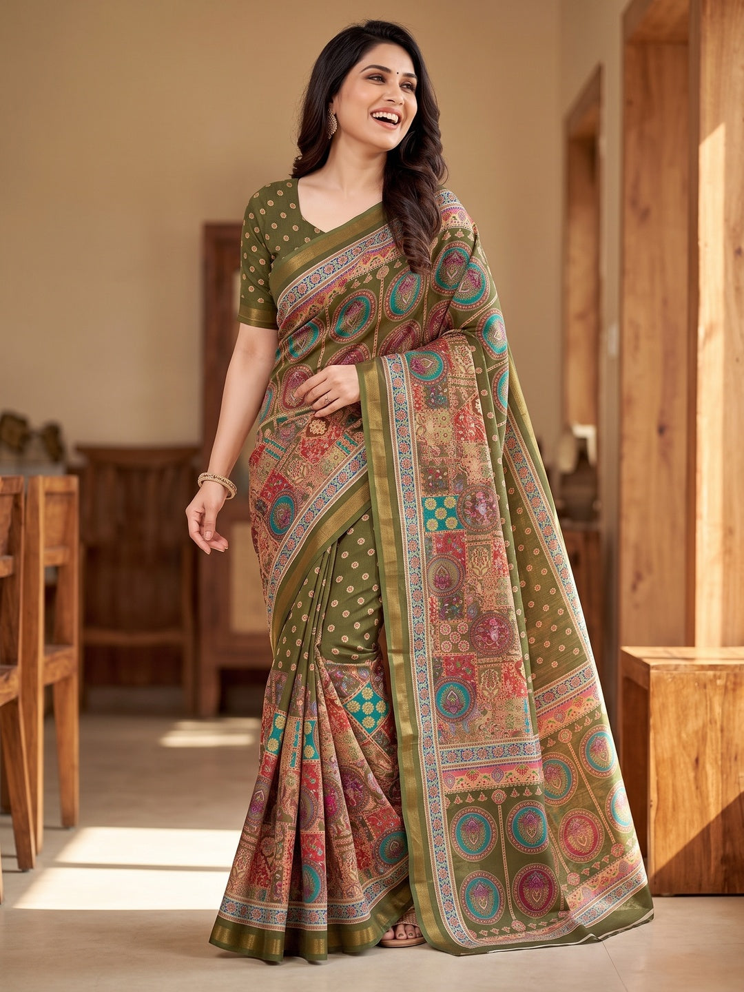 Peachmode Green Position Printed Dola Silk Saree - Image 5