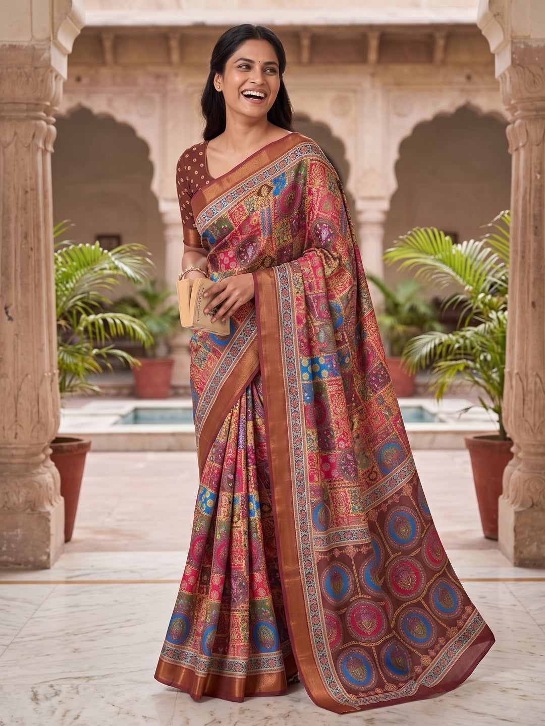 Peachmode Coffee Position Printed Dola Silk Saree - Image 5