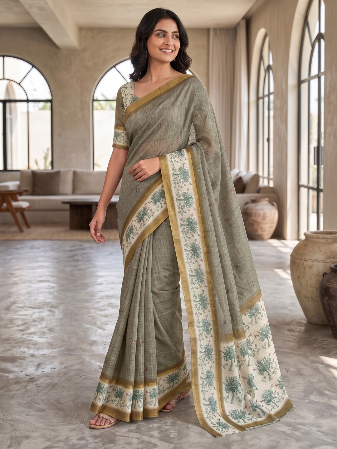 Peachmode Grey Floral Printed Linen Blend Saree - Image 5