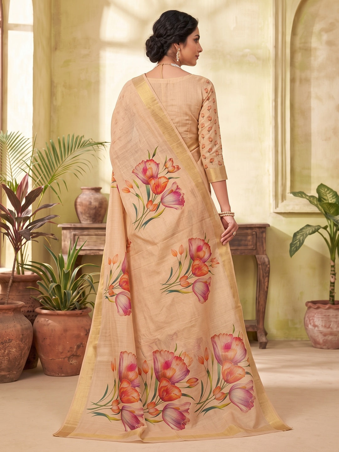 Peachmode Chikoo Watercolour Floral Printed Art Silk Saree - Image 3