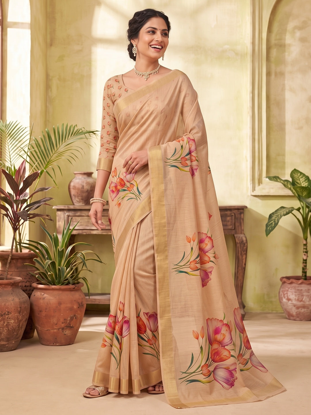 Peachmode Chikoo Watercolour Floral Printed Art Silk Saree - Image 5