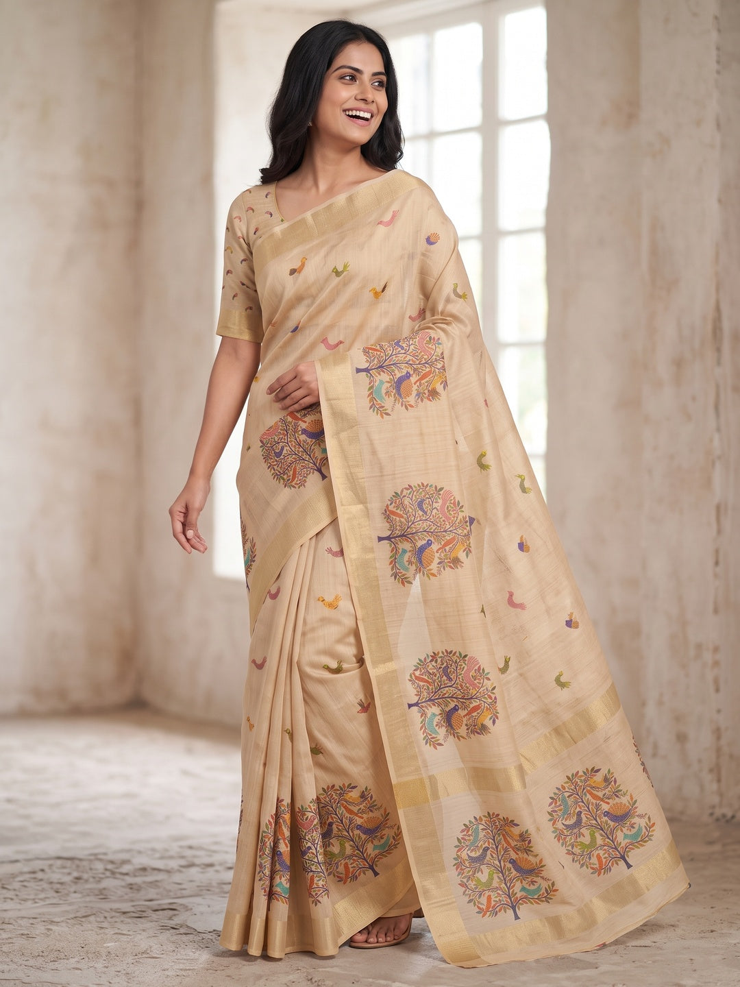 Peachmode Chikoo Multicolor Botanical Printed Art Silk Saree - Image 5