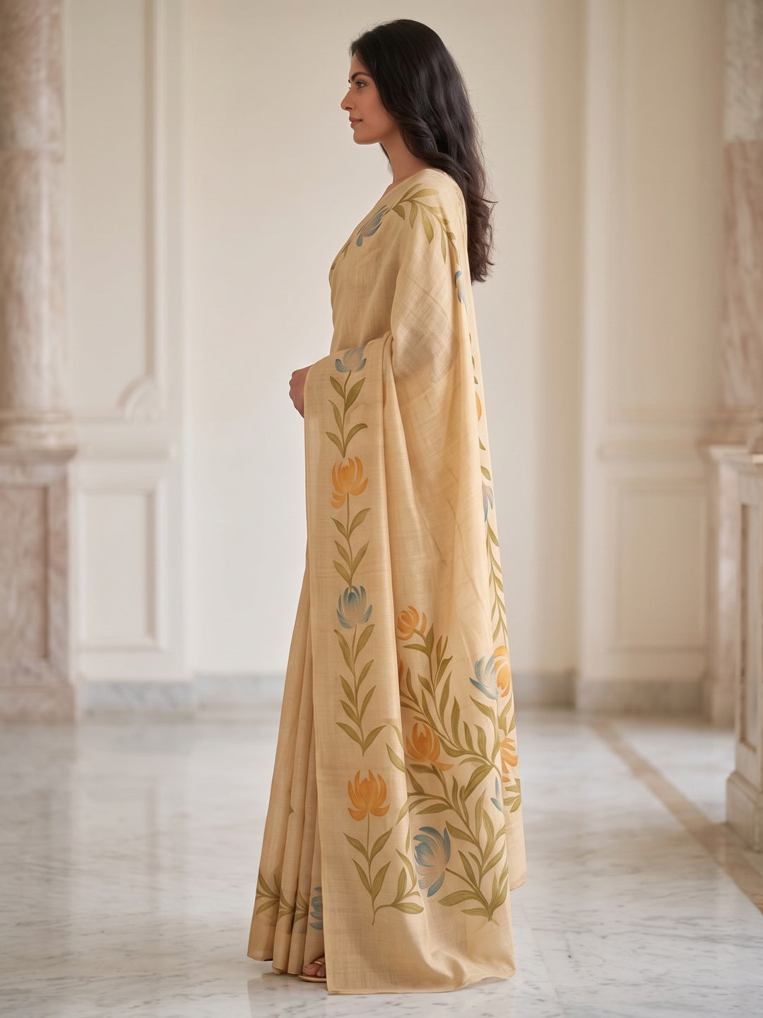 Peachmode Chikoo Leaf Printed Art Silk Saree - Image 4