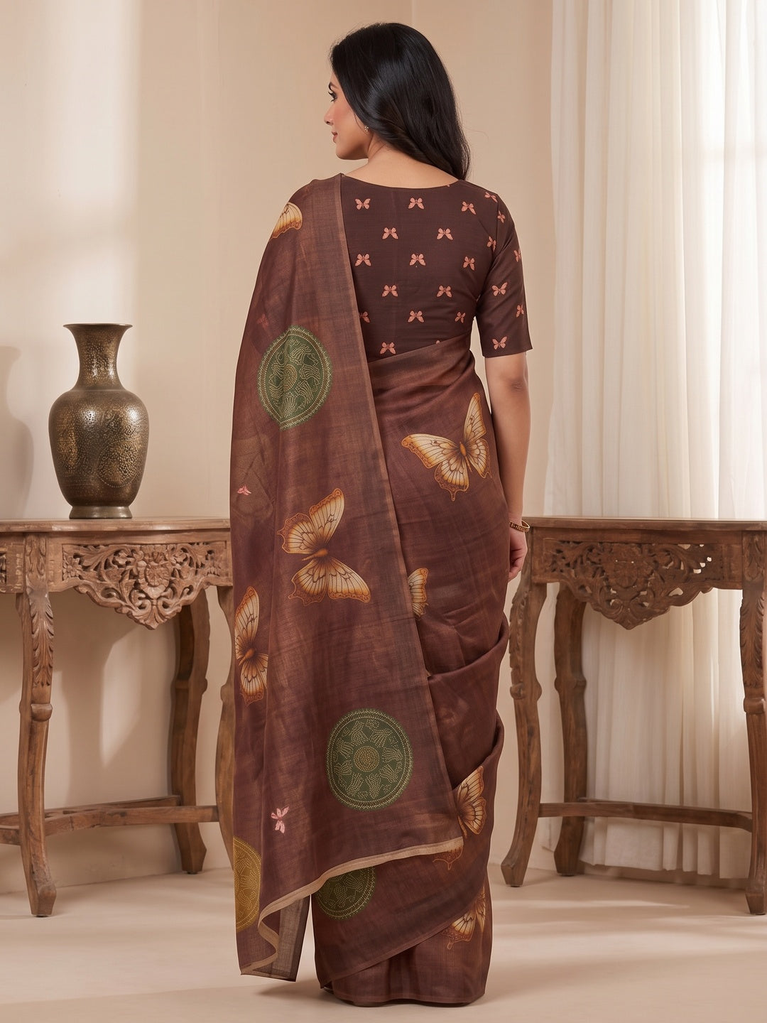 Peachmode Coffee Ethnic Motif Printed Art Silk Saree - Image 3