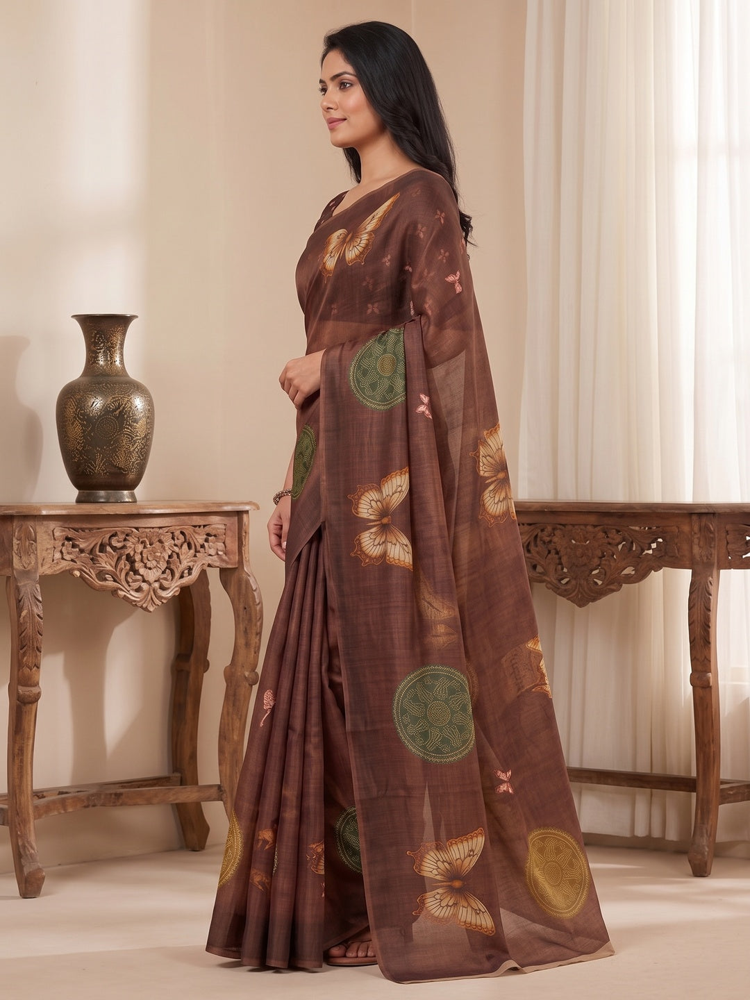 Peachmode Coffee Ethnic Motif Printed Art Silk Saree - Image 4