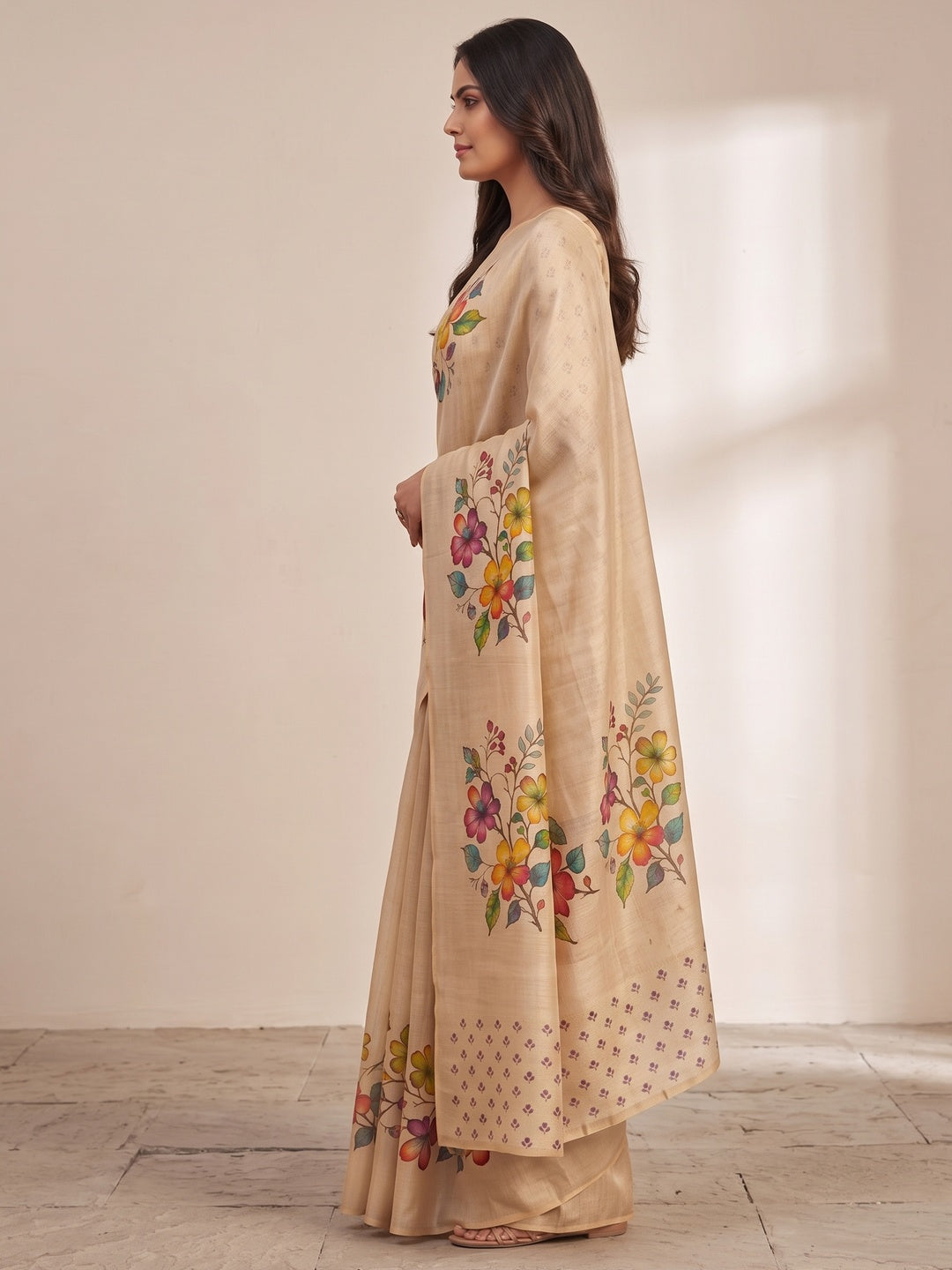 Peachmode Chikoo Bouquet Printed Art Silk Saree - Image 4