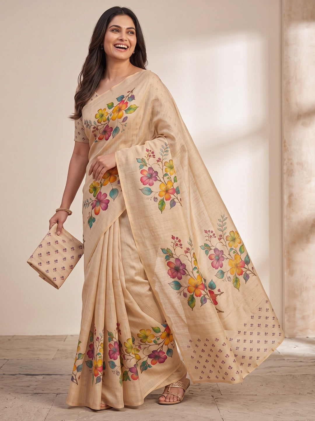 Peachmode Chikoo Bouquet Printed Art Silk Saree - Image 5