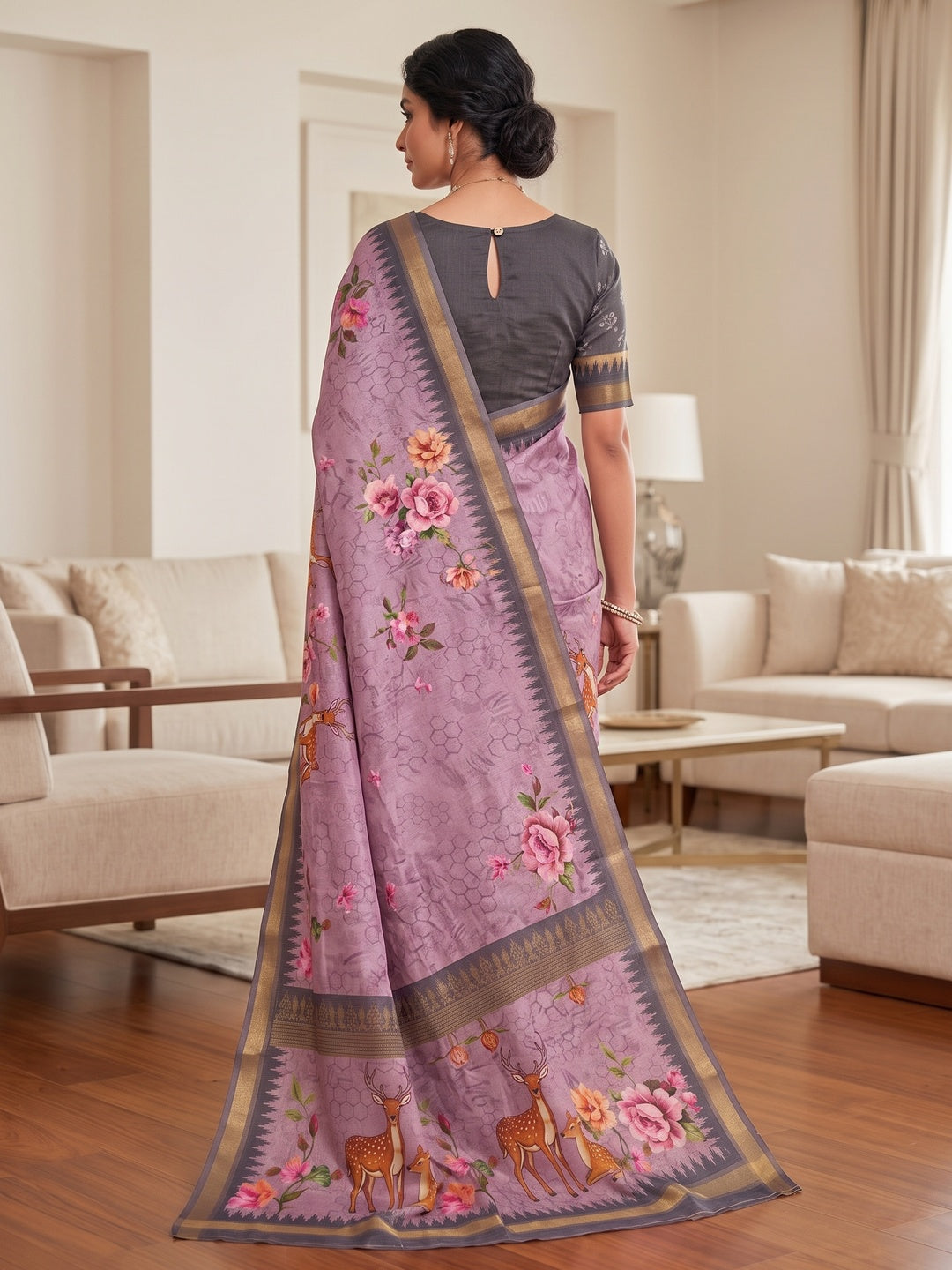 Peachmode Purple Deer Floral Printed Dola Silk Saree - Image 3