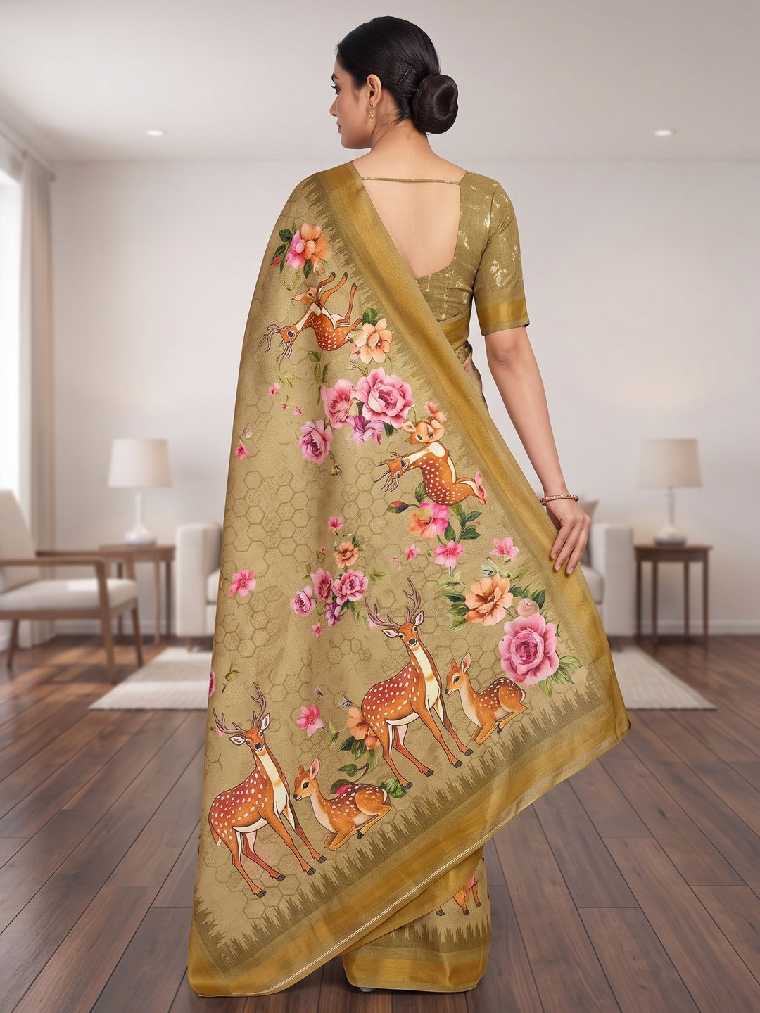 Peachmode Light Khaki Deer Floral Printed Dola Silk Saree - Image 3