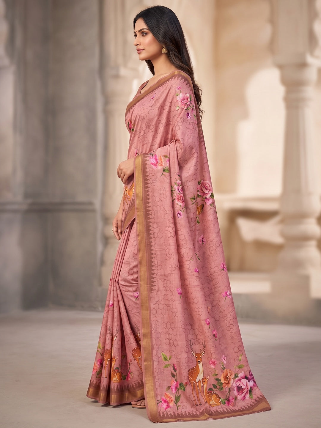 Peachmode Pink Deer Floral Printed Dola Silk Saree - Image 4