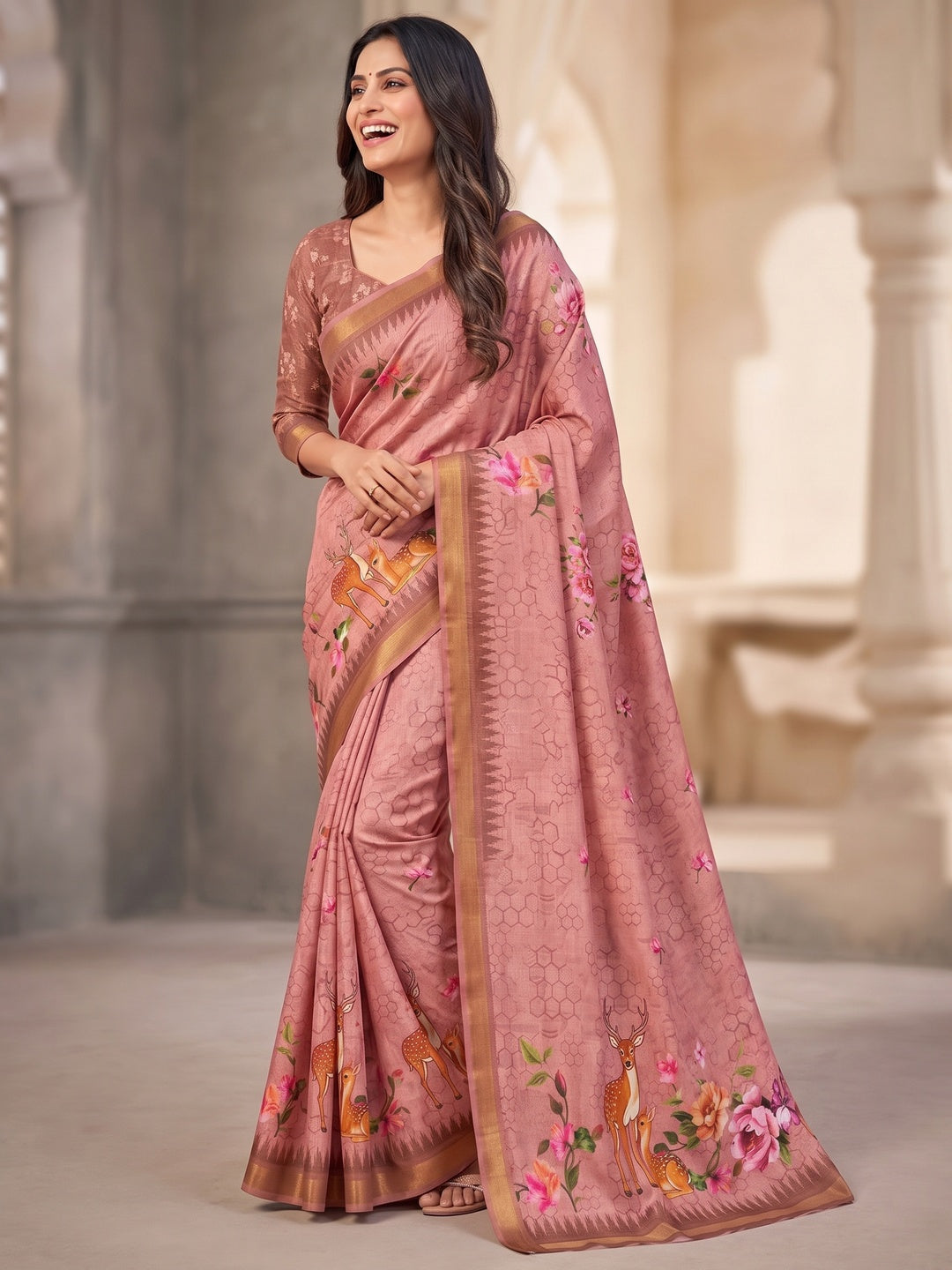 Peachmode Pink Deer Floral Printed Dola Silk Saree - Image 5