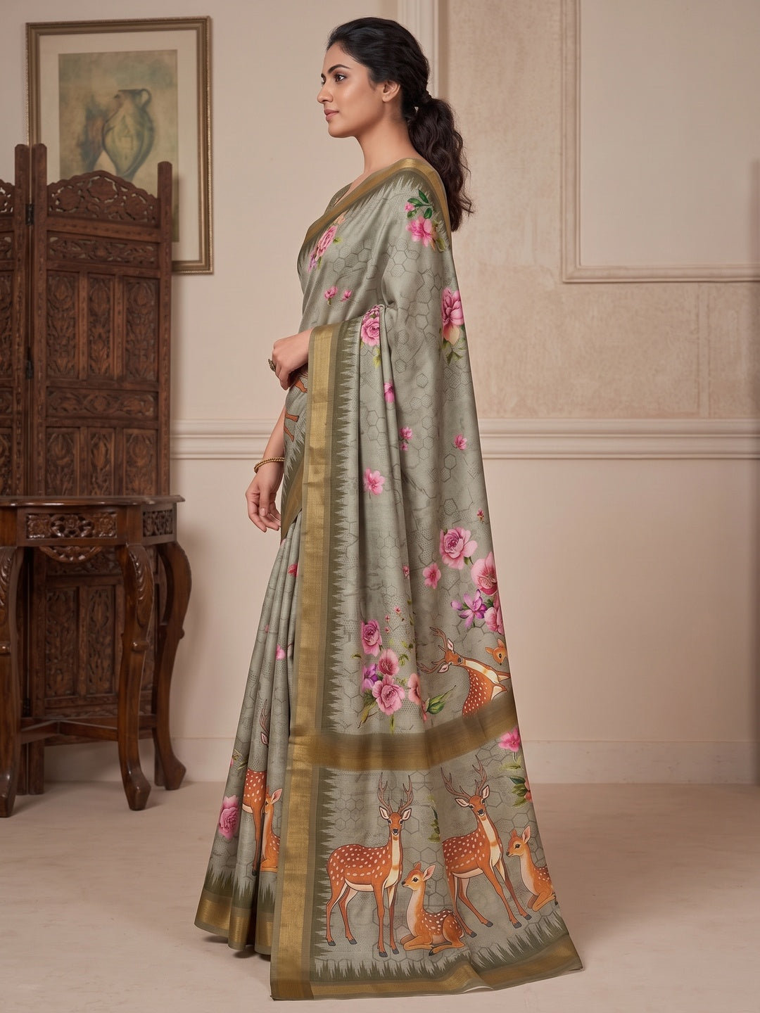 Peachmode Grey Deer Floral Printed Dola Silk Saree - Image 4